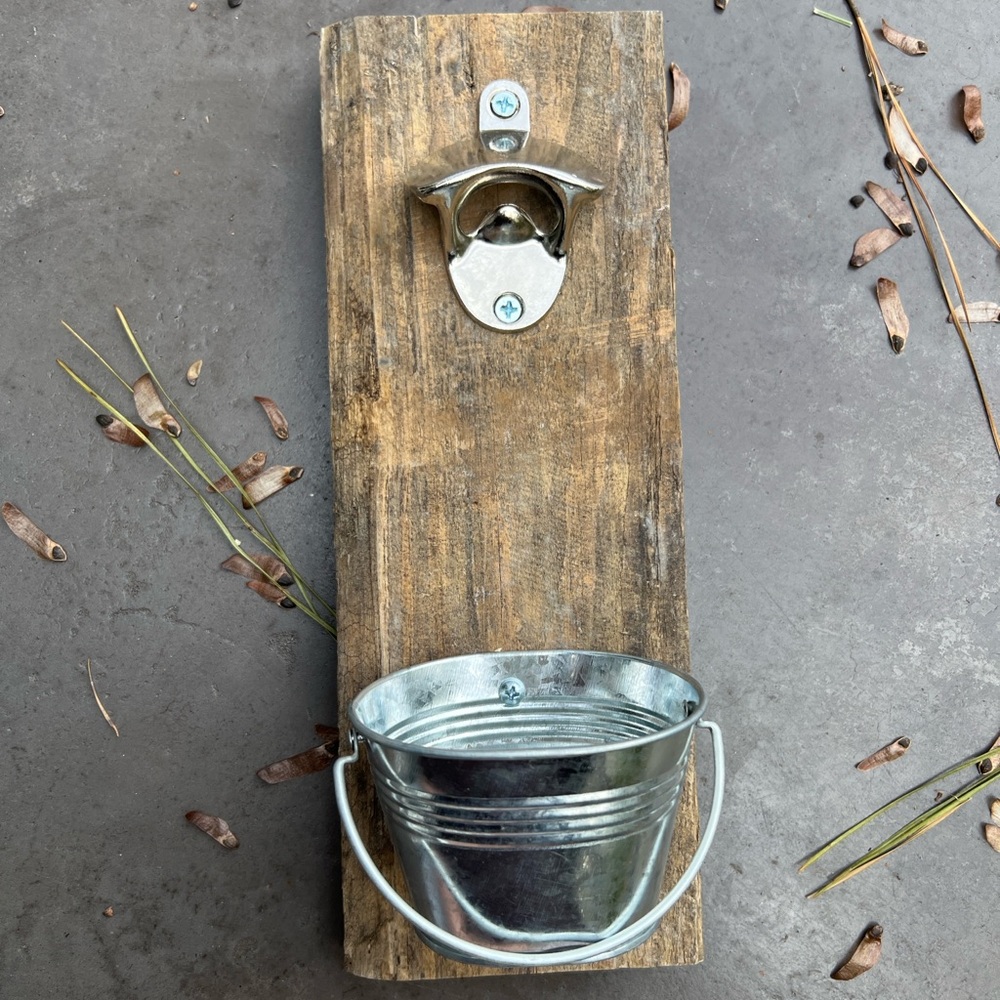 Rustic Wall-Mounted Bottle Opener with Metal Catcher - Picture 1 of 2